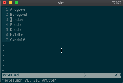 Visually select lines 3-7 and sort with `:sort`