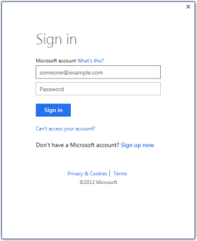 A screenshot of a sign-in window that lets you sign in to Office 2013 with a Microsoft account ID. A screenshot of a sign-in window that lets you sign in to Office 2013 with a Microsoft account ID.