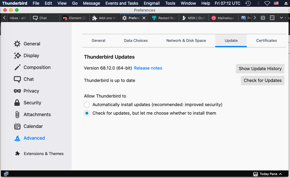 Thunderbird - Preferences - Advanced - Update