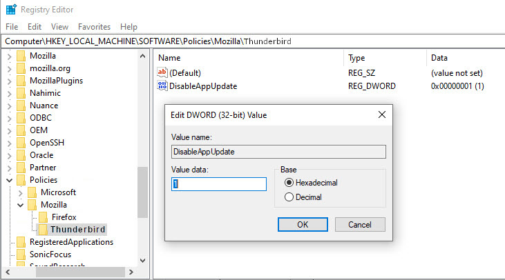 RegEdit - Windows - Thunderbird - Policy - DisableAppUpdate