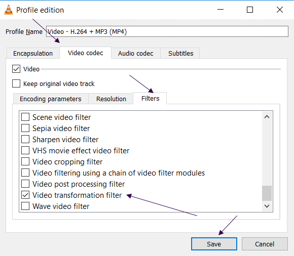 Applying a Conversion Filter Video Transformation Filter