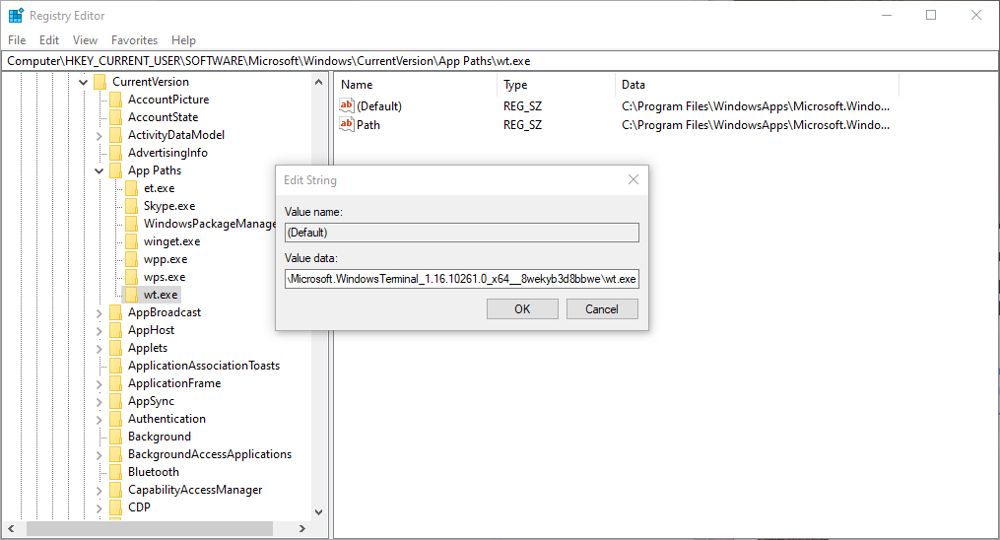 editing app aliases in registry editor